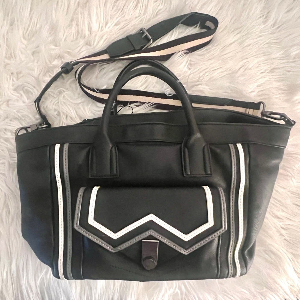 BCBGeneration Black Mini-Tote with White & Brown Trim! Lots of Pockets